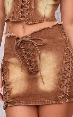 PrettyLittleThing Lace Up Denim Mini Skirt Washed Brown