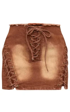 PrettyLittleThing Lace Up Denim Mini Skirt Washed Brown