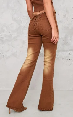 Sale PrettyLittleThing Lace Up Denim Jeans Washed Brown
