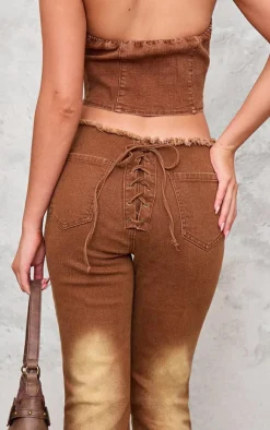 Sale PrettyLittleThing Lace Up Denim Jeans Washed Brown