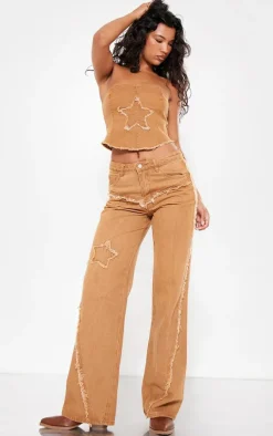 New PrettyLittleThing Raw Hem Detail Star Applique Wide Leg Jeans Washed Brown