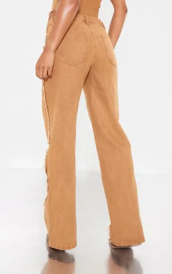 New PrettyLittleThing Raw Hem Detail Star Applique Wide Leg Jeans Washed Brown