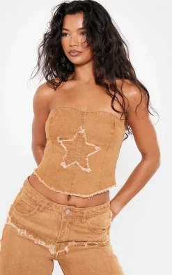 New PrettyLittleThing Raw Hem Detail Star Applique Wide Leg Jeans Washed Brown