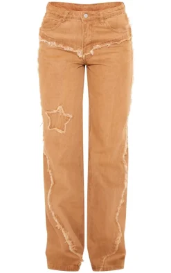 New PrettyLittleThing Raw Hem Detail Star Applique Wide Leg Jeans Washed Brown