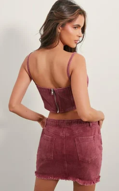Hot PrettyLittleThing Washed Burgundy Dipped Hem Denim Corset Top Maroon