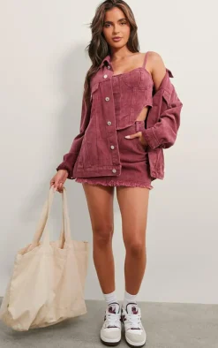 Hot PrettyLittleThing Washed Burgundy Dipped Hem Denim Corset Top Maroon