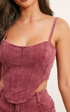 Hot PrettyLittleThing Washed Burgundy Dipped Hem Denim Corset Top Maroon