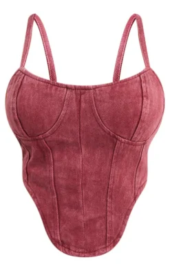 Hot PrettyLittleThing Washed Burgundy Dipped Hem Denim Corset Top Maroon