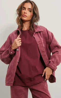 Sale PrettyLittleThing Washed Oversized Boyfriend Denim Jacket Burgundy