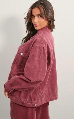 Sale PrettyLittleThing Washed Oversized Boyfriend Denim Jacket Burgundy