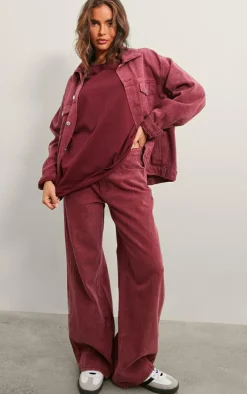 Sale PrettyLittleThing Washed Oversized Boyfriend Denim Jacket Burgundy