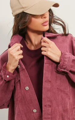 Sale PrettyLittleThing Washed Oversized Boyfriend Denim Jacket Burgundy