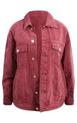 Sale PrettyLittleThing Washed Oversized Boyfriend Denim Jacket Burgundy
