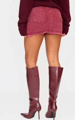 Hot PrettyLittleThing Washed Raw Hem Denim Mini Skirt Burgundy