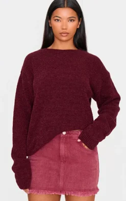 Hot PrettyLittleThing Washed Raw Hem Denim Mini Skirt Burgundy