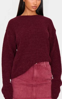 Hot PrettyLittleThing Washed Raw Hem Denim Mini Skirt Burgundy