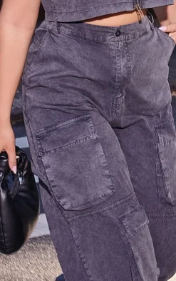 Discount PrettyLittleThing Twill Pocket Detail Wide Leg Cargo Pants Washed Charcoal