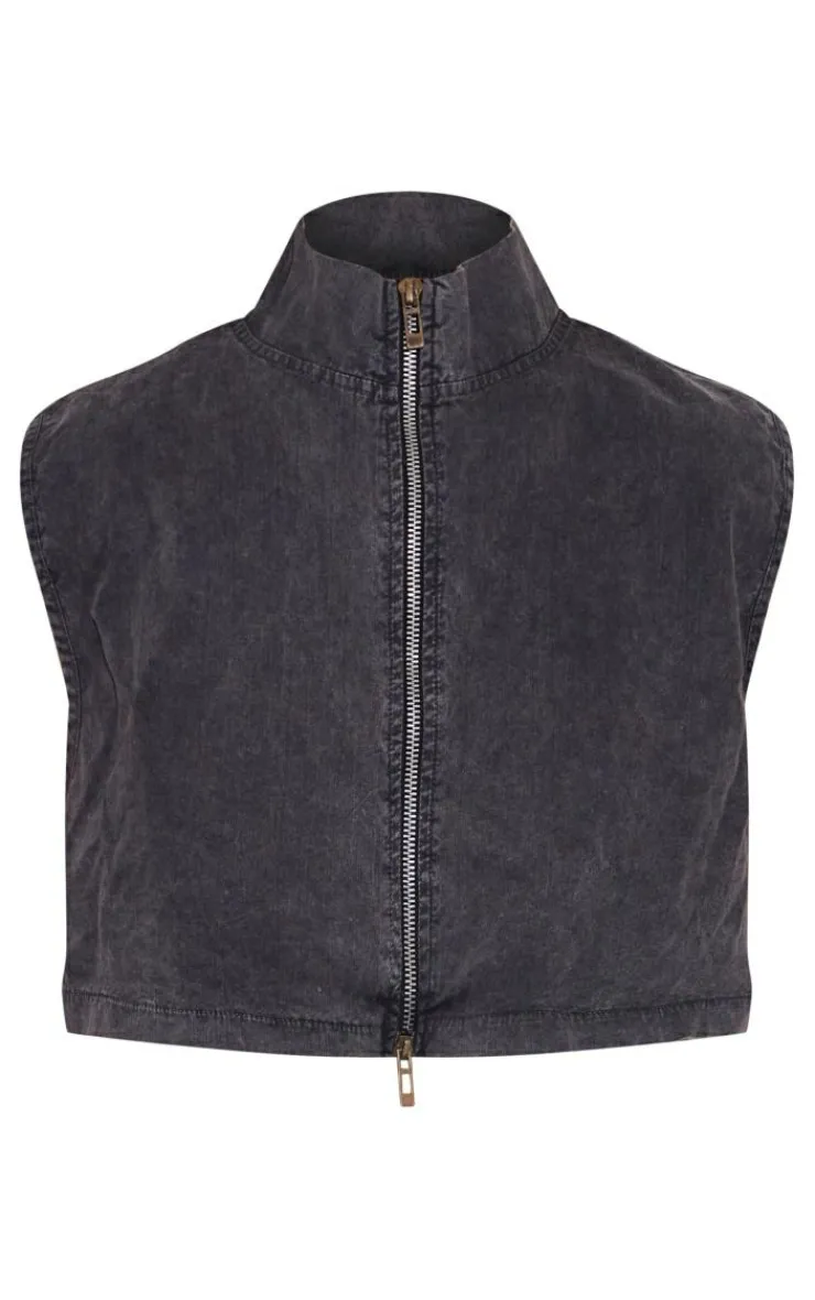 Best PrettyLittleThing Twill Zip Up Top Washed Charcoal