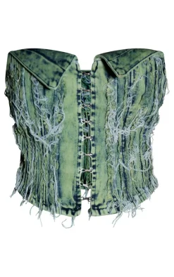 Sale PrettyLittleThing Tint Distressed Hook And Eye Fold Over Bandeau Top Washed Green