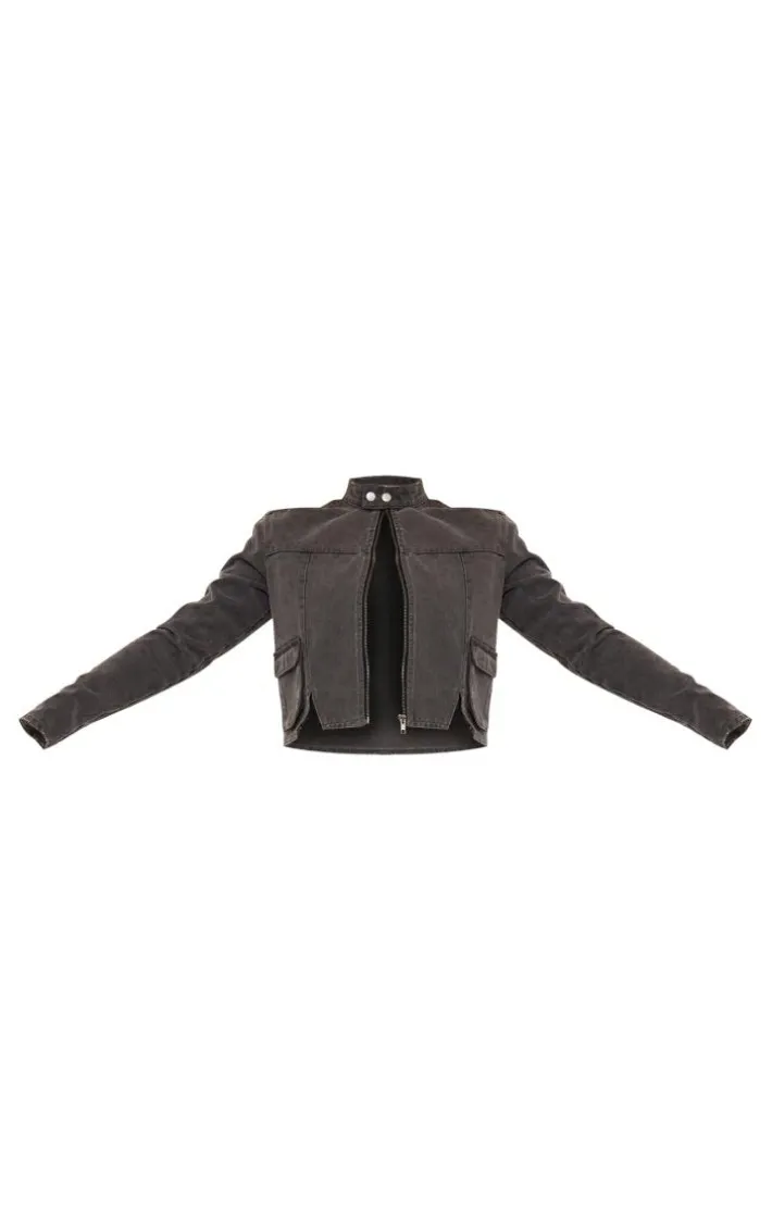 Washed Grey Acid Wash Zip Up Seam Detail Cropped Denim Jacket