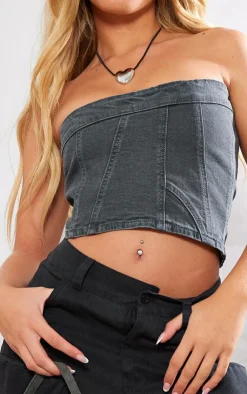 PrettyLittleThing Corsets*Bandeau Seam Detail Denim Corset Top