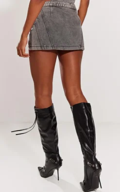 PrettyLittleThing Biker Waistband Detail Denim Mini Skirt Washed Grey