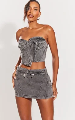 PrettyLittleThing Biker Waistband Detail Denim Mini Skirt Washed Grey