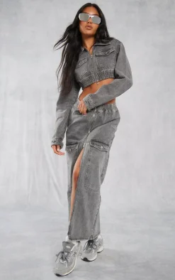 Outlet PrettyLittleThing Cargo Pocket Zip Front Midi Denim Skirt Washed Grey