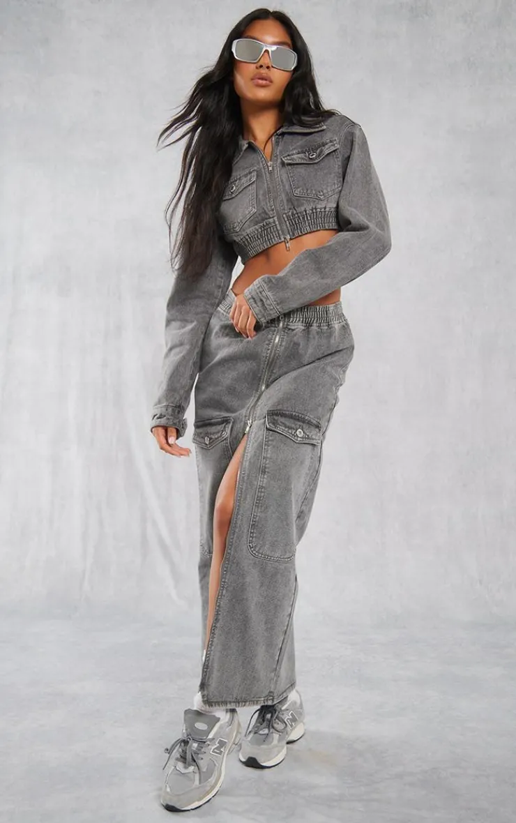 Outlet PrettyLittleThing Cargo Pocket Zip Front Midi Denim Skirt Washed Grey
