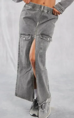 Outlet PrettyLittleThing Cargo Pocket Zip Front Midi Denim Skirt Washed Grey