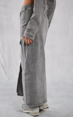 Outlet PrettyLittleThing Cargo Pocket Zip Front Midi Denim Skirt Washed Grey