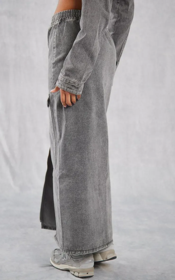 Outlet PrettyLittleThing Cargo Pocket Zip Front Midi Denim Skirt Washed Grey