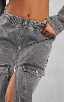 Outlet PrettyLittleThing Cargo Pocket Zip Front Midi Denim Skirt Washed Grey