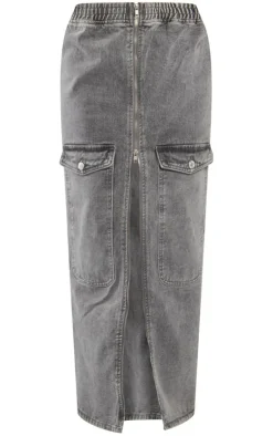 Outlet PrettyLittleThing Cargo Pocket Zip Front Midi Denim Skirt Washed Grey