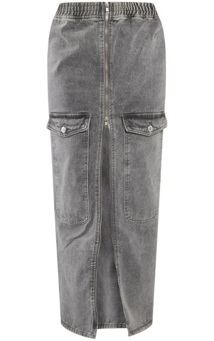 Outlet PrettyLittleThing Cargo Pocket Zip Front Midi Denim Skirt Washed Grey