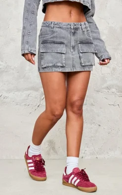 Hot PrettyLittleThing Cargo Pocket Detail Denim Mini Skirt Washed Grey