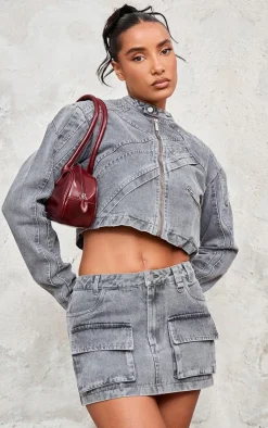 Hot PrettyLittleThing Cargo Pocket Detail Denim Mini Skirt Washed Grey
