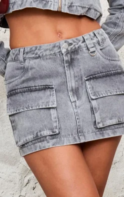 Hot PrettyLittleThing Cargo Pocket Detail Denim Mini Skirt Washed Grey