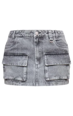 Hot PrettyLittleThing Cargo Pocket Detail Denim Mini Skirt Washed Grey