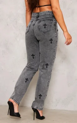 Washed Grey Cross Print Long Leg Straight Leg Jeans
