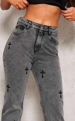 Washed Grey Cross Print Long Leg Straight Leg Jeans