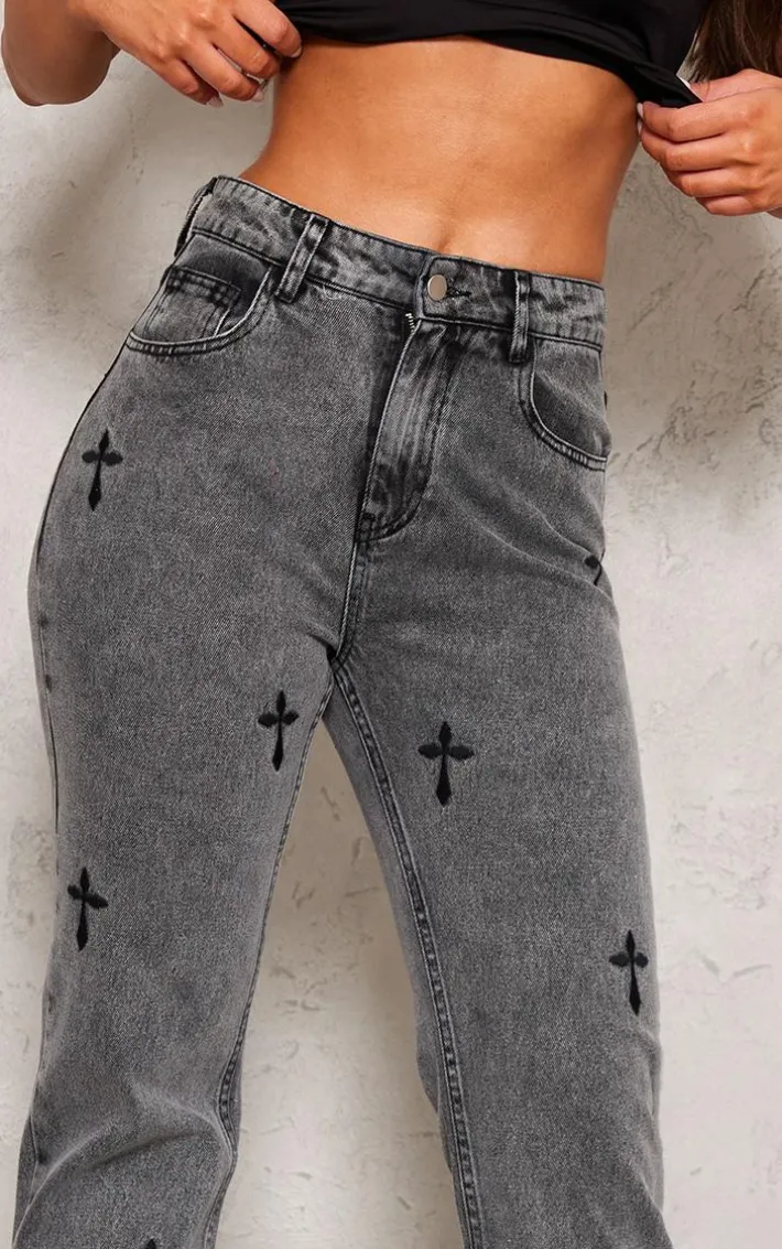 Washed Grey Cross Print Long Leg Straight Leg Jeans