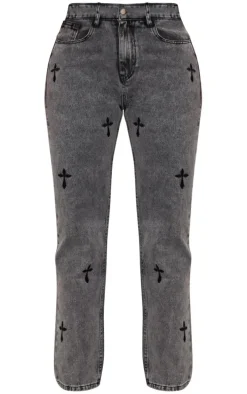 Washed Grey Cross Print Long Leg Straight Leg Jeans