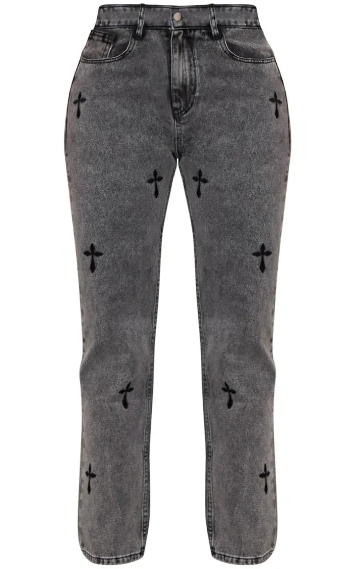 Washed Grey Cross Print Long Leg Straight Leg Jeans