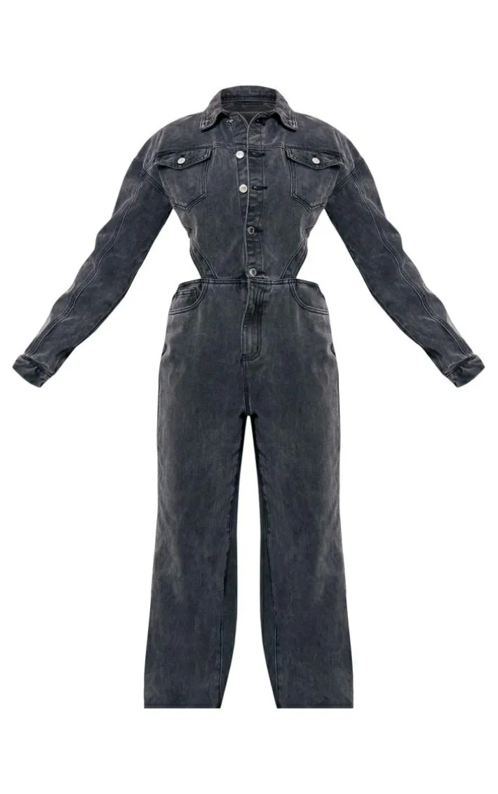 Washed Grey Cut Out Frayed Detail Denim Jumpsuit