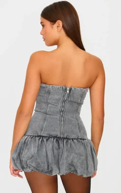 Denim Bandeau Puffball Mini Dress-PrettyLittleThing Online