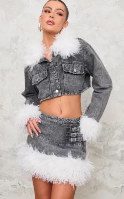 Clearance PrettyLittleThing Denim Cropped Faux Fur Trim Detail Jacket Washed Grey