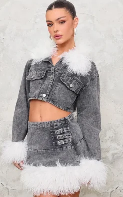 Clearance PrettyLittleThing Denim Cropped Faux Fur Trim Detail Jacket Washed Grey