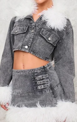 Clearance PrettyLittleThing Denim Cropped Faux Fur Trim Detail Jacket Washed Grey