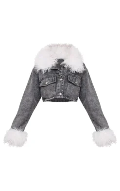 Clearance PrettyLittleThing Denim Cropped Faux Fur Trim Detail Jacket Washed Grey